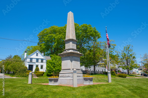 Obelisk memorial monument on Town Common in historic town center of Georgetown, Massachusetts MA, USA. 