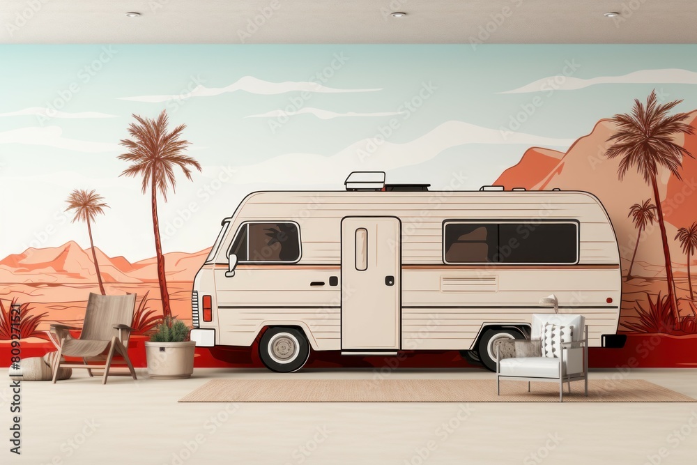 Vintage rv parked in a peaceful desert setting with palm trees and sunset hues