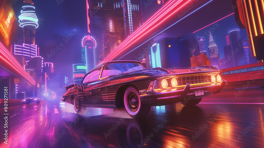 Classic Car Cruising Through Neon Lit Cyberpunk City Classic Car Cruising Through Neon Lit Cyberpunk City