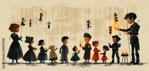 a puppeteer male performing with marionettes, 2d, flat, illustration, solid color.