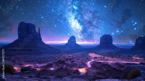 beautiful landscape photo Beautiful classic panoramic view of Monument Valley with the famous Mittens and Merrick Butte illuminated by beautiful mystical moonlight on a starry summer night, Arizona photo