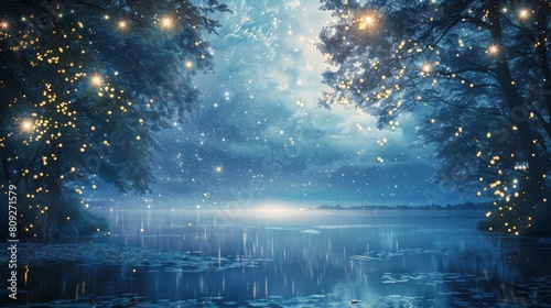 White Trees Of Life Or Meditation Relaxation Concept With Glowing Golden Fireflies In Mystical Fantasy Abstract Blue Night Sky Showered By Moonlight Over River Lake As Wide Banner