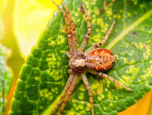 Cheiracanthium inclusum, alternately known as the black-footed yellow sac spider. Macro closeup tiny spider photo