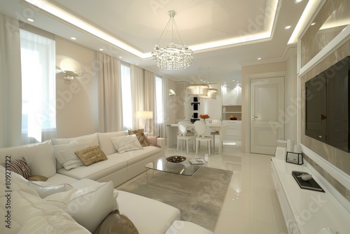 This image showcases a contemporary living room with a luxurious sofa  a glass coffee table  and a sophisticated lighting design