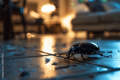 A striking silhouette of a beetle against the warm glow of home's interior lights accentuating the contrasts © ChaoticMind
