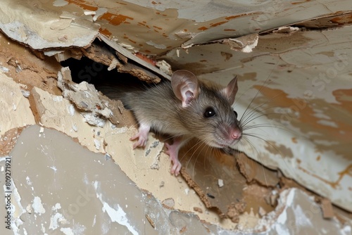 This close-up shows a curious rat peeking out from a hole in a deteriorated, peeling wall, showcasing a sense of intrusion or infestation