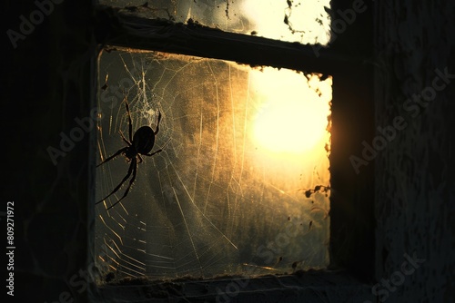 This striking silhouette of a spider on its web against a warm sunset through a dirty window evokes a mix of awe and discomfort photo