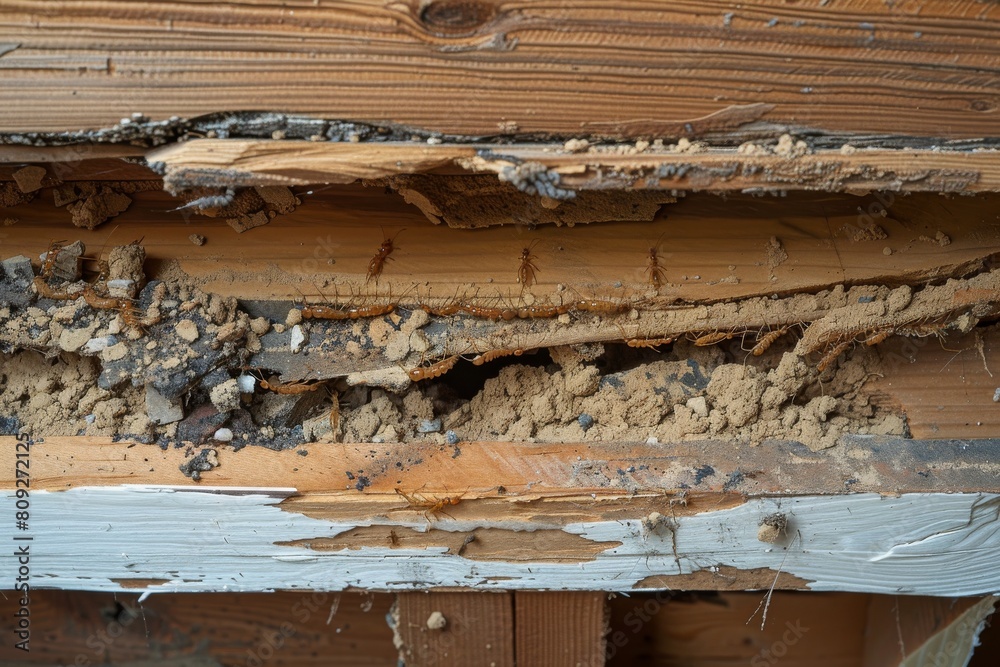 Layers of wooden material show severe damage and decay due to termite activity and moisture Layers of wooden material show severe damage and decay due to termite activity and moisture