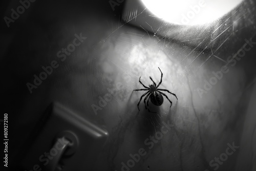 A chilling encounter with a spider casting eerie shadows in a dimly lit bathroom, perfect for a horror atmosphere