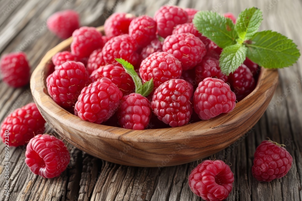 High-quality close-up of raspberries in a bowl, highlighting the fruit's texture and a wooden textured background High-quality close-up of raspberries in a bowl, highlighting the fruit's texture and a wooden textured background
