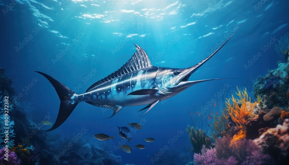Fototapeta premium Giant Marlin fish in the ocean, beautiful view of marlin fish in the blue ocean
