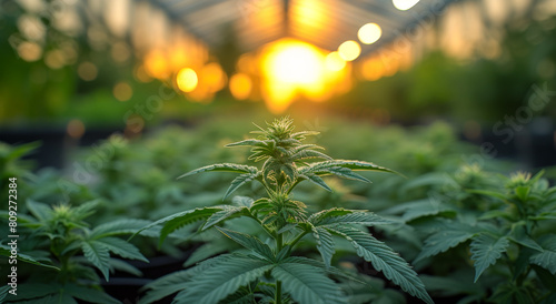 Cannabis plant grows in greenhouse at sunset. A green marijuana plants in a greenhouse