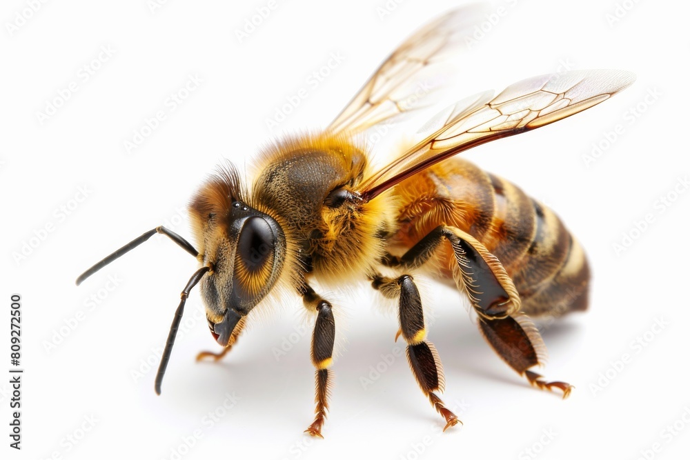 Close-up of a solitary honeybee with exceptional detail against a clean white background Close-up of a solitary honeybee with exceptional detail against a clean white background