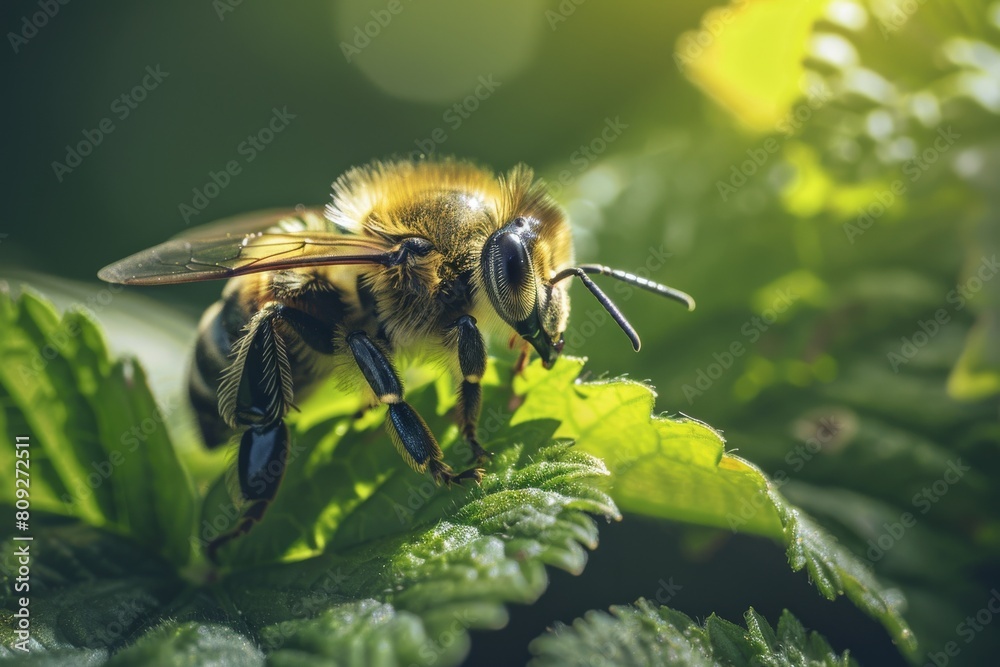 Close-up of a bee among green leaves basking in subtle sunlight, highlighting the beauty of natural life Close-up of a bee among green leaves basking in subtle sunlight, highlighting the beauty of natural life