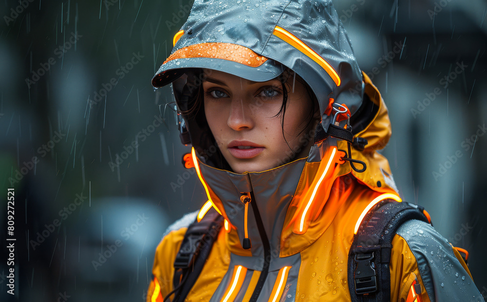 Portrait of young woman in yellow jacket and hood in the rain Portrait of young woman in yellow jacket and hood in the rain