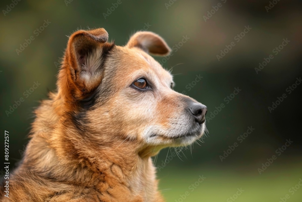 Profile shot of a German Shepherd Dog with blurred background, focusing on the fine details of its fur and natural colors