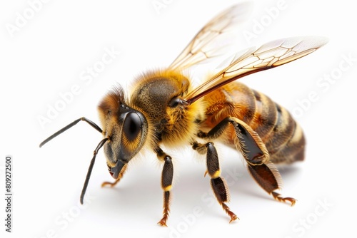 Close-up of a solitary honeybee with exceptional detail against a clean white background