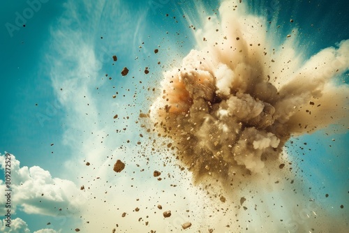 A powerful explosion disturbs the earth and sky, scattering debris with a dynamic force against the backdrop of a clear blue sky photo