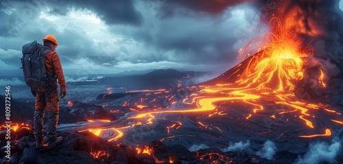a volcanologist male studying active volcanoes, 2d, flat, illustration, solid color. photo