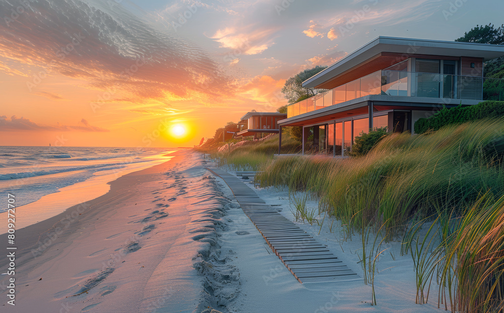 Modern house on the beach at sunset. Waves crashing on the beach and houses Modern house on the beach at sunset. Waves crashing on the beach and houses