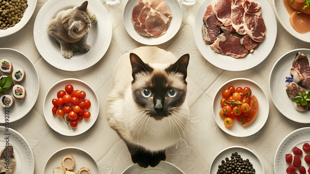 Φωτογραφία Happy cat with delicious cat food on plate, gourmet meats to specialized cat treats, 3d render digital graphic art, creative animal pet concept, food meal promotion ads banner, marketing shop store
