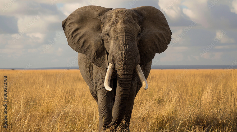 Obraz premium African Elephant Roaming the Savannah Grasslands with Flora in the Background