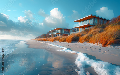 Modern houses on the beach. Waves crashing on the beach and houses
