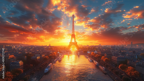 sunset over paris with eiffel tower and dramatic sky photo