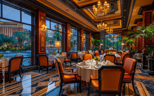 The interior of fancy restaurant with view of the evening city
