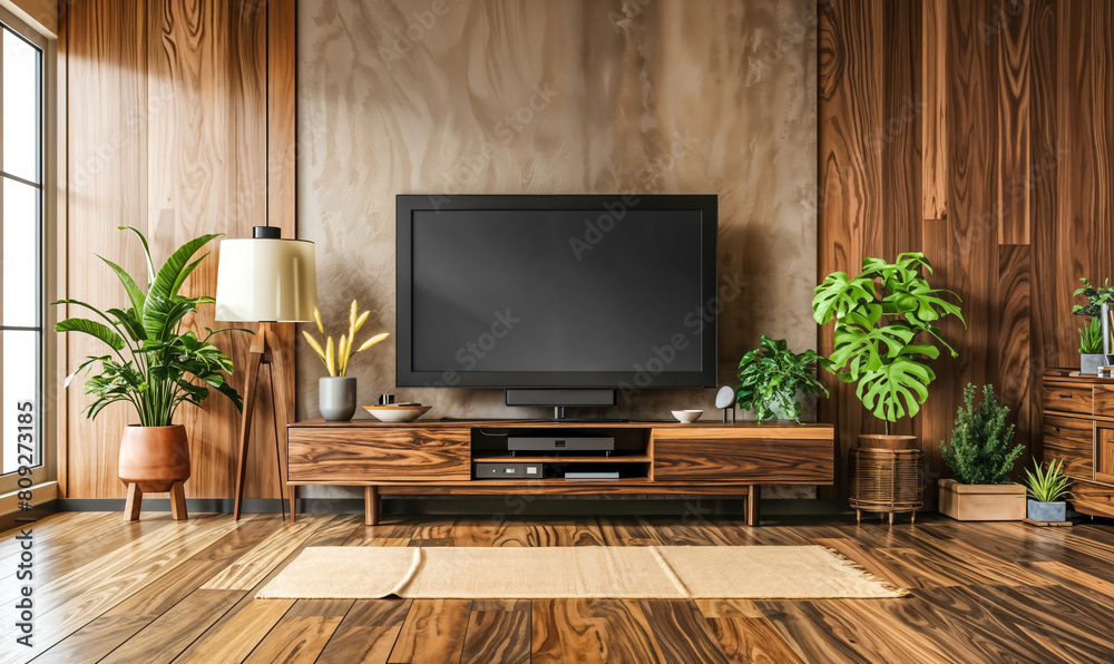 Fototapeta premium Contemporary Home Entertainment Space. A modern living room design featuring a TV, sleek entertainment unit, and decorative plants for a relaxing ambiance. Home Entertainment concept