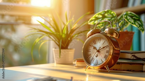 alarm clock on the table and bookshelf with books at sunset.