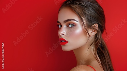 Woman Applying Red Lipstick on Red Background