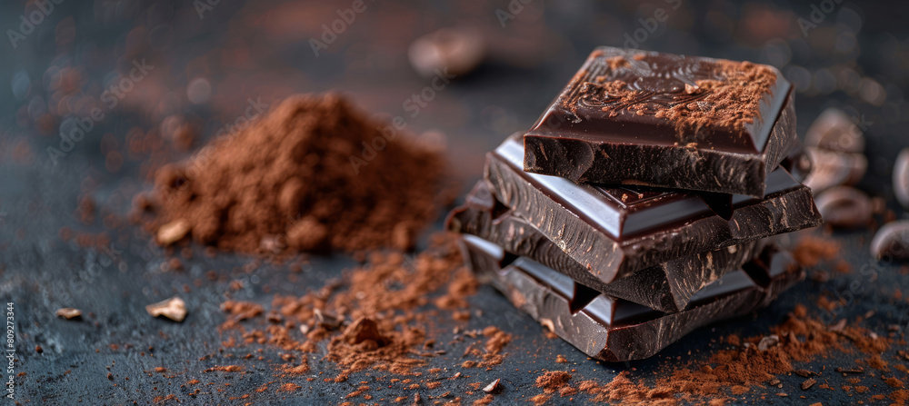 Stacked Chocolates and Cocoa Powder on Dark Background Stacked Chocolates and Cocoa Powder on Dark Background
