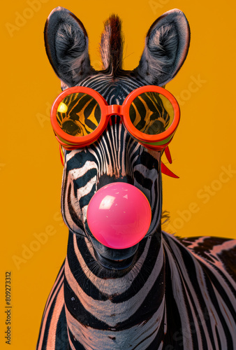 Zebra with pink bubble gum. Funny Zebra with pink fur coat and sunglasses