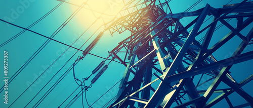 A view from below of an electrical tower with wires