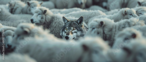 A hidden wolf among a flock of sheep