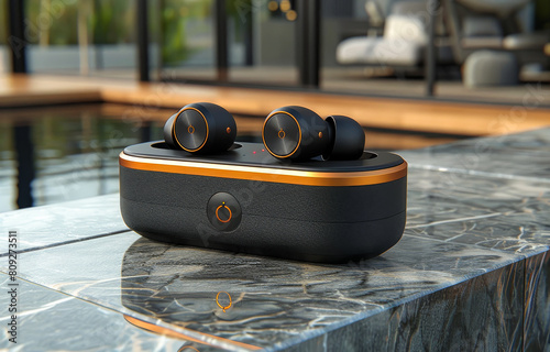 The wireless earbuds are placed on marble table near the pool. photo