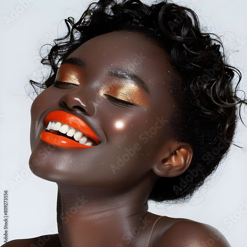 Black woman, wearing orange lipstick, and bold make