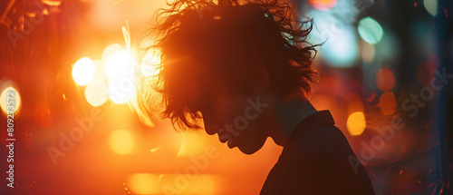 Asian young man on sunset background golden hour sunset head profile