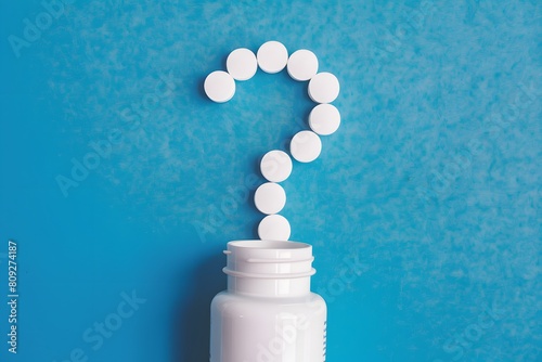White pill bottle and tablets arranged in question mark shape on blue background