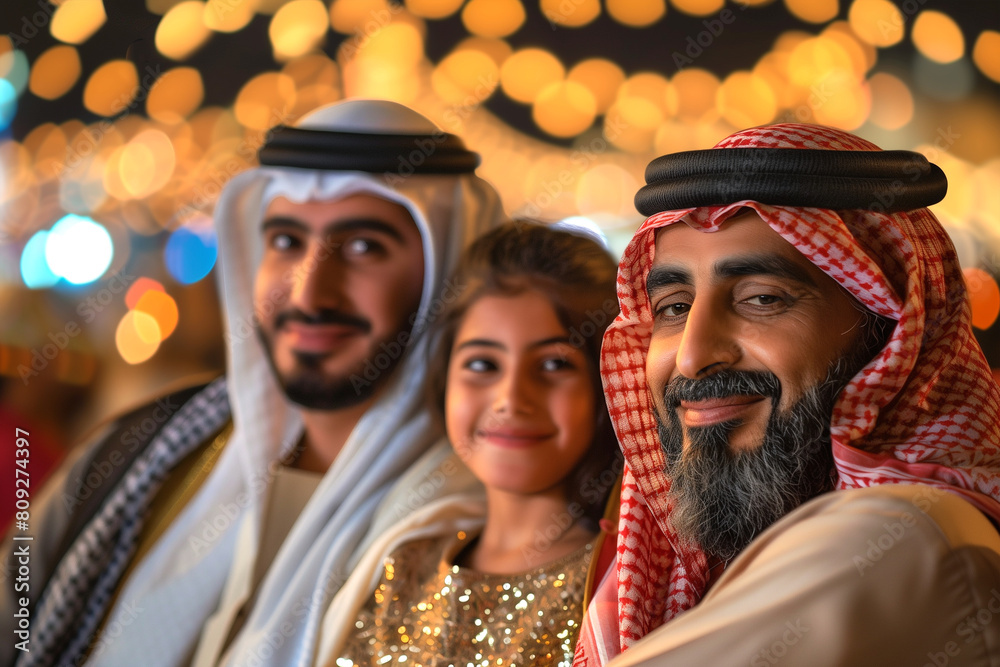 Smiling Family Dressed in Traditional Attire at an Islamic Festival Evening