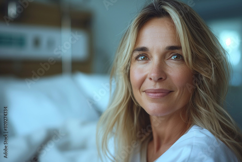 Portrait of Beautiful Mature Woman Patient in Clinic Hospital Room Receiving Good News