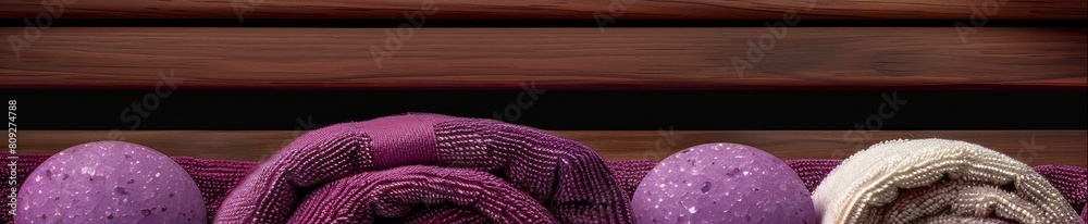 Purple and white textured spa towels with bath bombs on a wooden shelf. Luxurious spa accessories neatly displayed. Concept of spa treatment, relaxation, and self-care. Banner. Copy space Purple and white textured spa towels with bath bombs on a wooden shelf. Luxurious spa accessories neatly displayed. Concept of spa treatment, relaxation, and self-care. Banner. Copy space