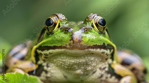 Close-up View of a Green Frog Perched on a Dew-Covered Leaf in a Lush Forest © Laily Rao