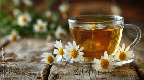 A Cup of Tea With Daisies on a Wooden Table