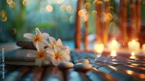 Tropical plumeria flowers on a bamboo mat with soft golden light. Frangipani blossoms. Elegant spa setting. Concept of tropical beauty, natural decoration, and serene ambiance. Copy space photo