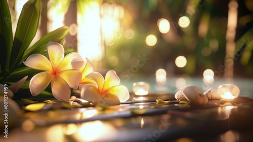 Decorative arrangement of frangipani blossoms on a bamboo surface, illuminated by warm light. Elegant spa setting. Tropical plumeria flowers. Concept of nature's art, tranquility. Copy space. Banner photo