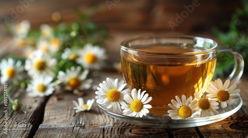 A Cup of Tea With Daisies on a Wooden Table