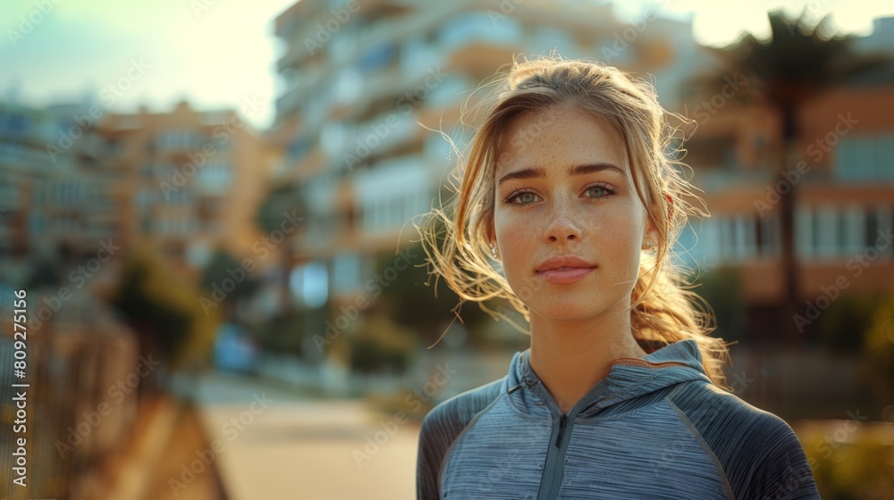 A serene young woman stands outdoors with soft evening light. A serene young woman stands outdoors with soft evening light.