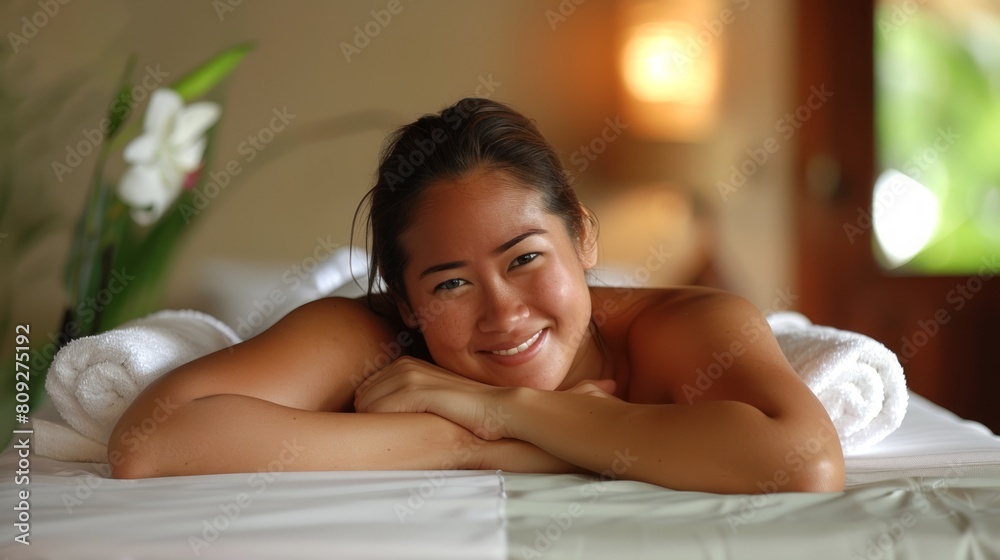 Smiling Asian woman lying on a massage spa bed. Happy lady enjoying a relaxing moment at a Thai spa. Concept of happiness, relaxation, wellness, and spa therapy. Smiling Asian woman lying on a massage spa bed. Happy lady enjoying a relaxing moment at a Thai spa. Concept of happiness, relaxation, wellness, and spa therapy.